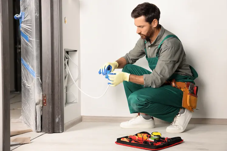 Elettricista di Pronto Intervento Brescia durante la riparazione di un guasto elettrico